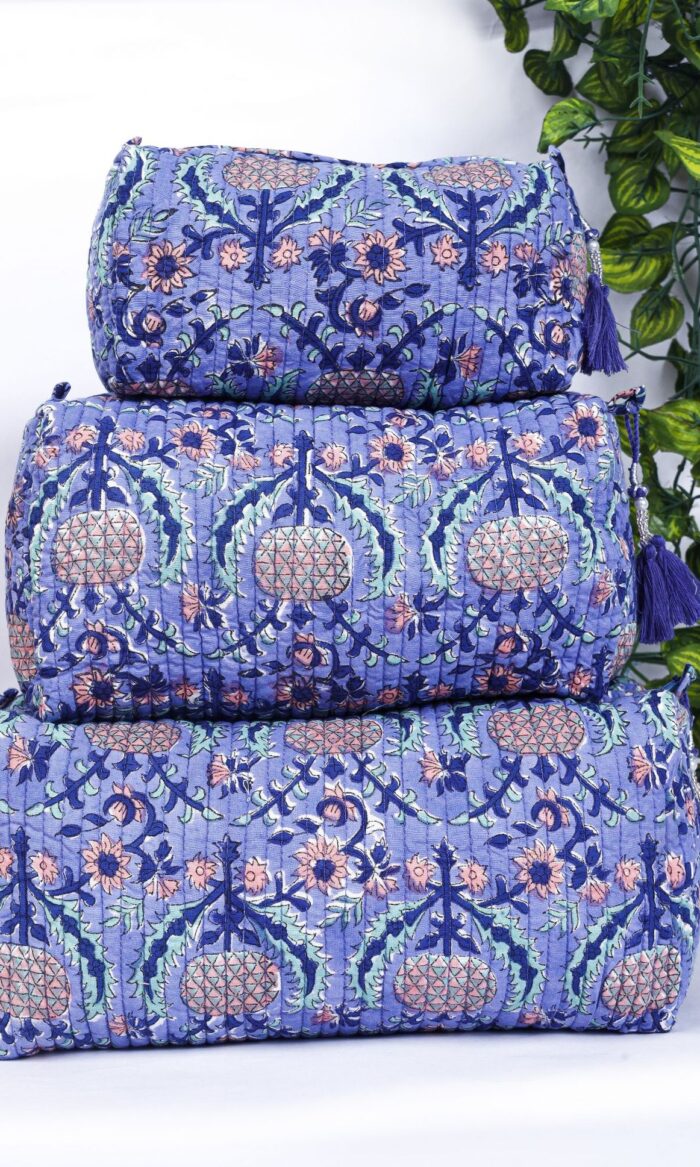 Cotton Travel Pouch Set  Handmade Quilted Toiletry Bag Set of 3  Block Print Design