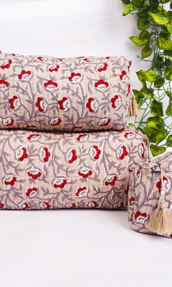 Eco-Friendly Makeup Bags  Cotton Quilted Toiletry Set  Bohemian Block Print Cosmetic Case