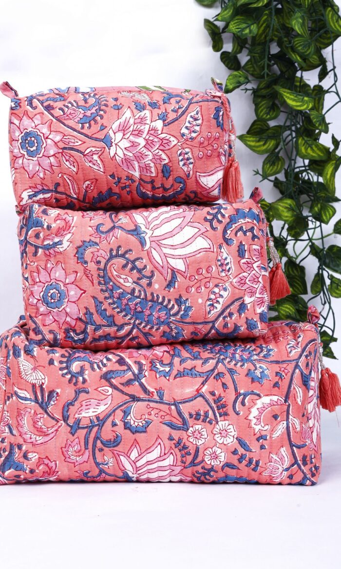 Eco-Friendly Quilted Toiletry Pouches | Cotton Block Print Makeup Bag Set | Handmade in India