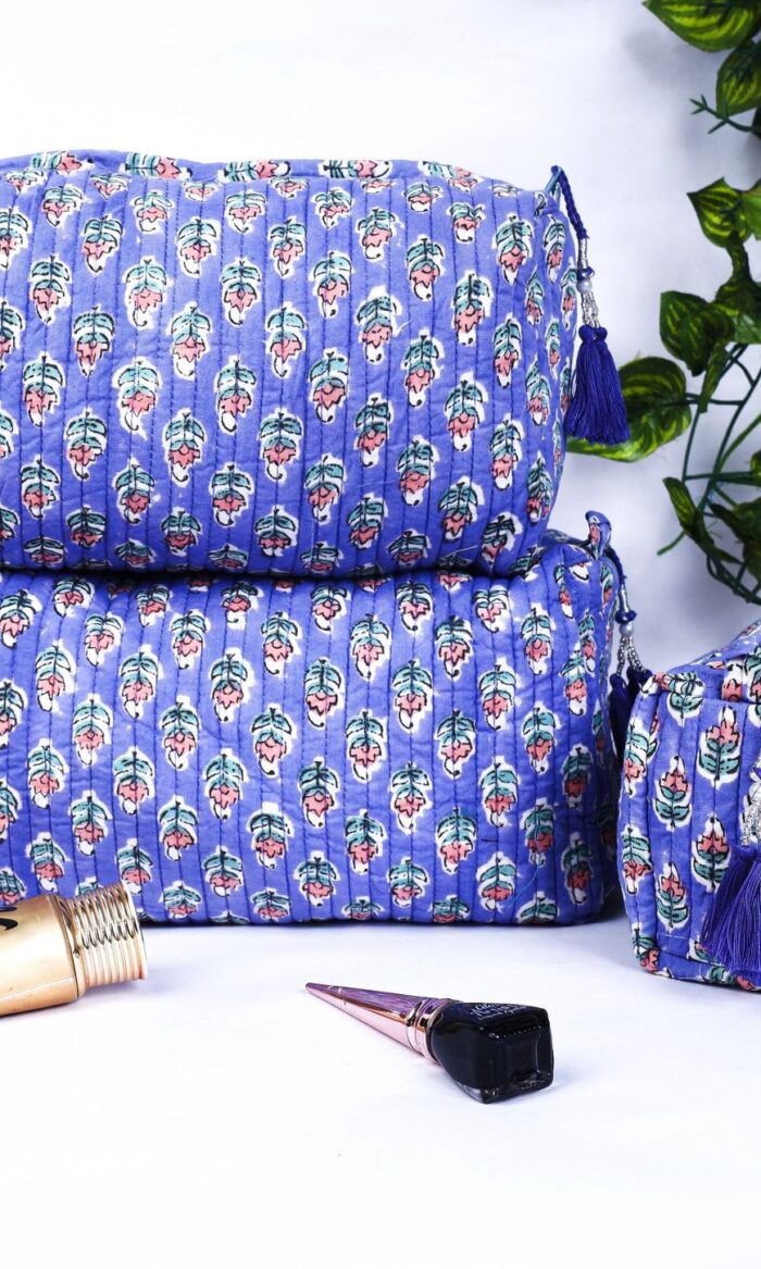 Floral Block Print Cosmetic Pouch Set  Quilted Cotton Toiletry Bags  Bridesmaid Gift