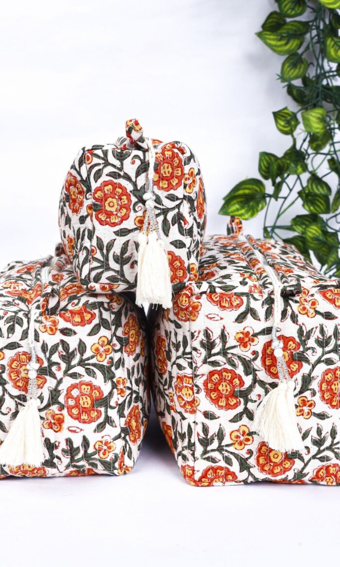 Handmade Quilted Cotton Cosmetic Bag Set of 3 | Indian Block Print Toiletry Pouches | Gift for Her