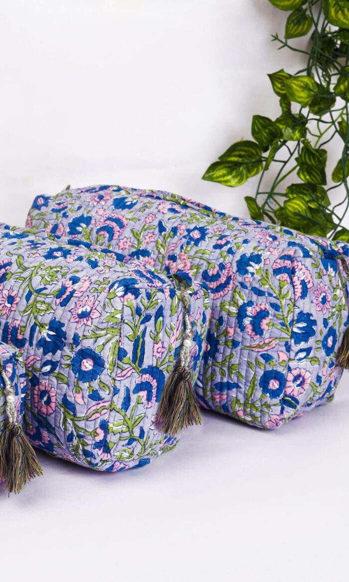 Indian Cotton Quilted Bag Set  Travel Toiletry Organizers for Women  Boho Chic Makeup Bags