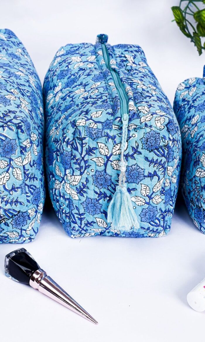 Block Print Cosmetic Bag Trio | Quilted Cotton Travel Makeup Organizer | Boho Gift Idea