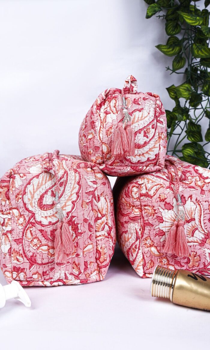 Makeup Organizer Bags  Set of 3 Quilted Cotton Pouches  Indian Floral Print Toiletry Bags