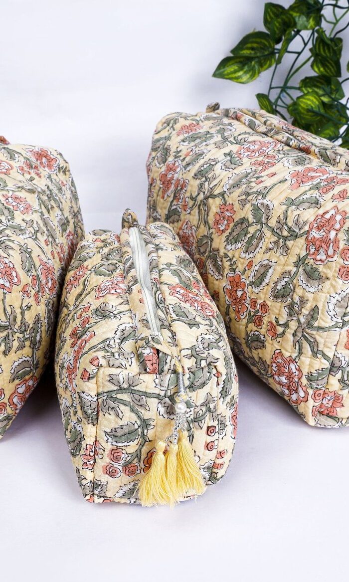 Natural Cotton Cosmetic Bags Set  Hand Quilted Toiletry Organizer  Bohemian Travel Gift