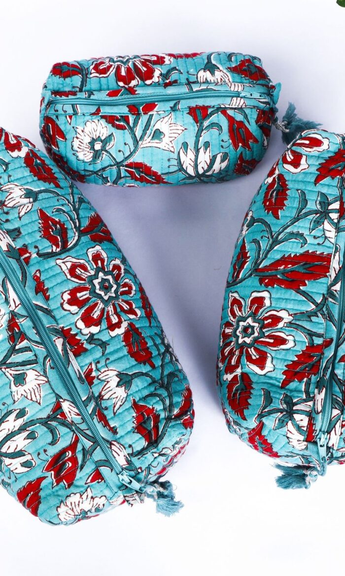 Quilted Makeup Bags  Set of 3 Indian Cotton Toiletry Organizers  Travel Essentials