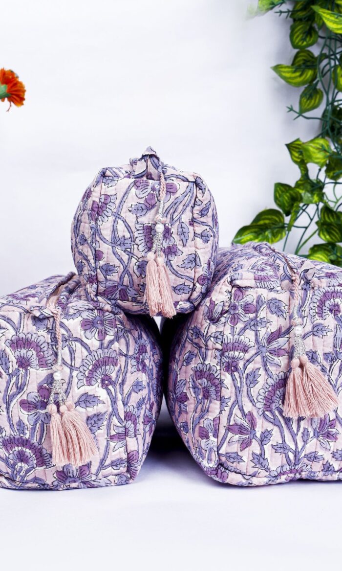 Set of 3 Quilted Cosmetic Pouches  Handmade Block Print Bags  Gift for Bridesmaids