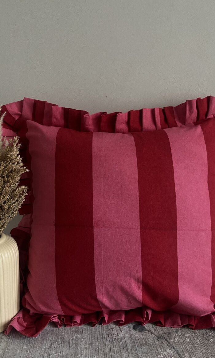 Mulberry Stripe Hand Block Printed Ruffle Cotton Cushion Cover